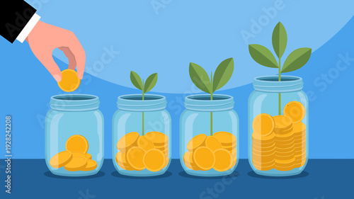 Businessman saving money in jars with growing plants on blue background