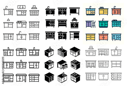 Kitchen cabinet and countertop icons organized in grid layout on white background