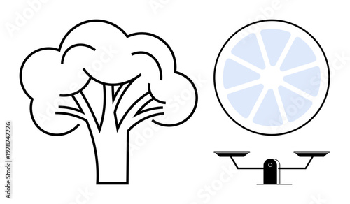 Sustainability, eco-balance, nature conservation, agricultural practices, health, food industries. Tree, citrus fruit slice and balance scale. Sustainability and eco-balance concepts