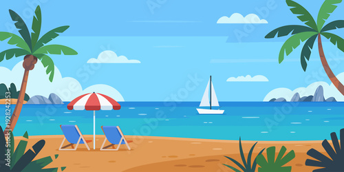 Cartoon beach scene with palm trees and sailboat on ocean water