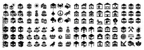 Repeated small glyph icons of houses and symbols on white strip