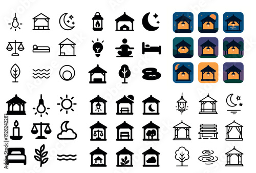 Mixed day and night icons featuring lanterns benches and nature