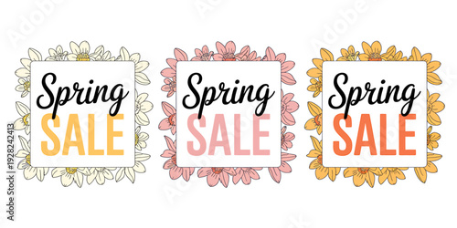 Spring sale banners with floral frames and colorful text on white background