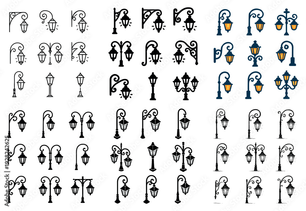 Obraz premium Street lamp and lantern icons arranged in grid on white