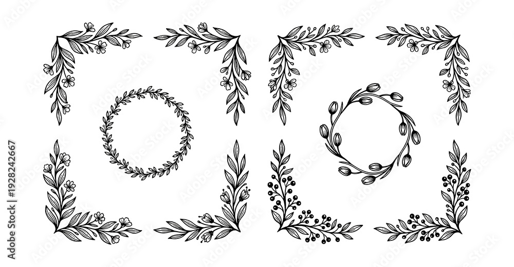Fototapeta premium Black ink botanical corner flourishes illustrations set.