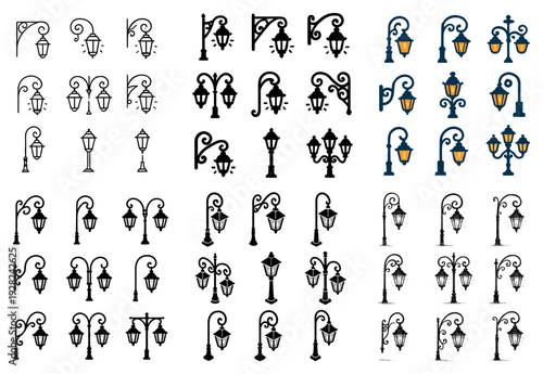 Street lamp and lantern icons arranged in grid on white