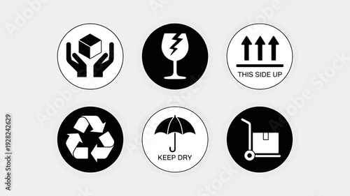 Collection of black and white shipping care labels and symbols for handling instructions