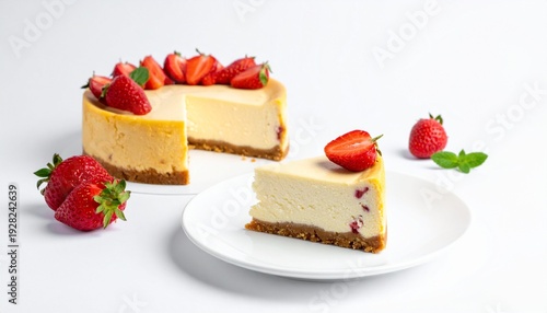 Delicious Strawberry Cheesecake on White Background Perfect for Dessert Themed Content.