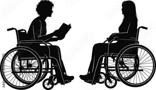 Wheelchair Users Conversation Silhouette Vector Illustration of Disabled Man and Woman Facing Each Other