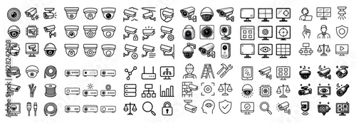 Surveillance and security icons arranged on horizontal strip