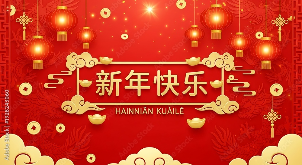 Naklejka premium Happy New Year Chinese Greeting with Red Lanterns and Gold Clouds.
