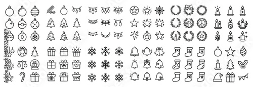 Holiday and christmas icons organized in outline grid layout
