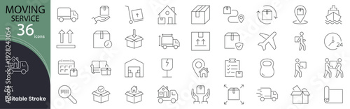 Moving service icon set. Relocation and logistics related line icons: truck, boxes, packing, furniture, delivery, loading, unloading, storage, transportation, movers and more. Editable stroke.