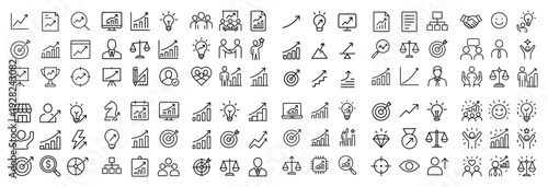 Small line icons showing charts analytics and business concepts