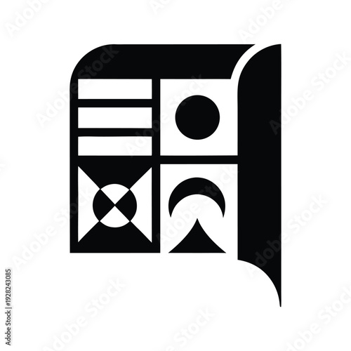 Abstract newspaper icon with geometric shapes representing digital media, information sharing, and modern journalism concept