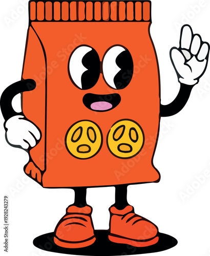 Cheerful potato chips bag cartoon character waving a friendly welcome