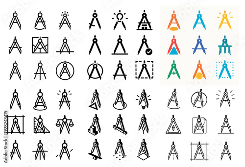 Drafting compass icons displayed in assorted grid on white background