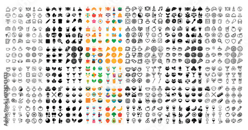 Assorted food and plant icons arranged on white grid layout