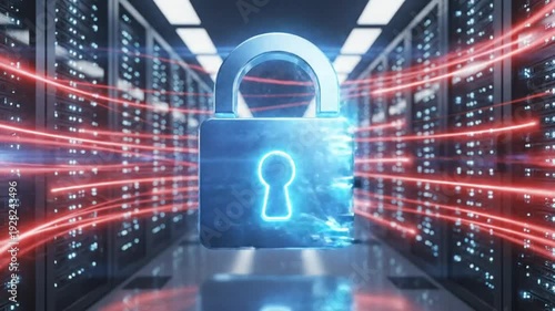 Digital data security with glowing padlock in a server room symbolizing data protection and cyber security