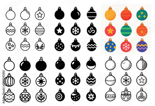Christmas bauble icons colored and outlined on white background