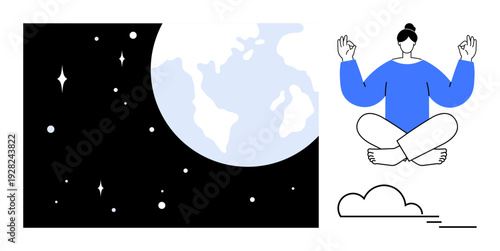 Wellness, mindfulness, global connection, inner peace, sustainability, relaxation. Woman meditating in yoga pose, stars and Earth in the background. Wellness and mindfulness symbolism