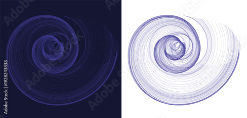 Abstract blue spiral line art design featuring complex geometric circular patterns on both dark navy blue and clean white background professional graphics.