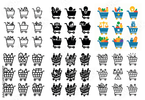 Grocery shopping cart icons with items shown in multiple styles