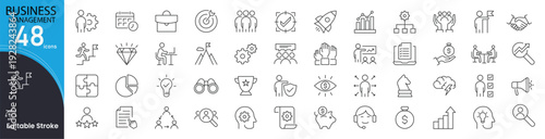 Business management icon set. Leadership and organizational line icons: strategy, planning, teamwork, growth, goals, finance, communication, decision-making, project, management and more.