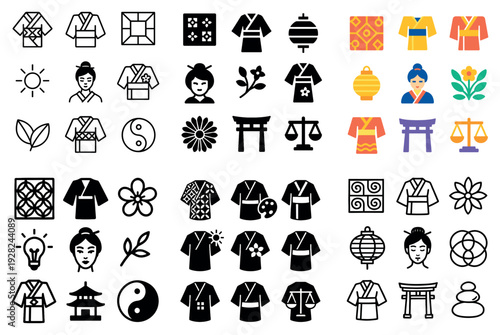 Japanese icon collection depicting kimono and symbols on grid