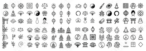 Asian themed icons displaying cultural symbols on grid background