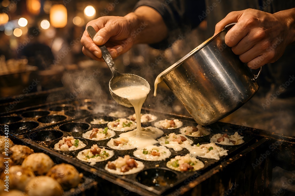 Fototapeta premium Authentic Japanese Street Food Vendor Pouring Takoyaki Batter at Night Market Stall