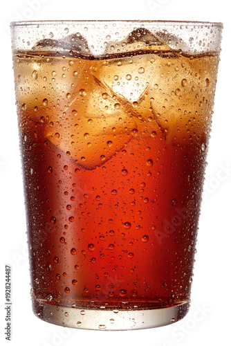 A glass of chilled cola with ice cubes and water droplets isolated on a transparent bottom