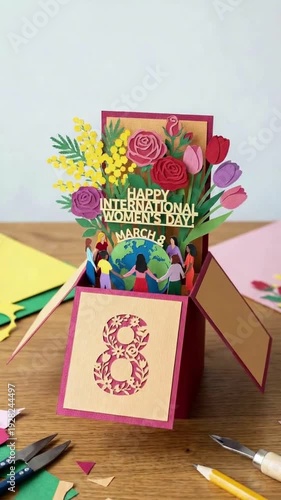 A bright and festive 3D animation featuring a volumetric pop-up greeting card dedicated to International Women's Day. At the center of the composition are women holding hands around the globe