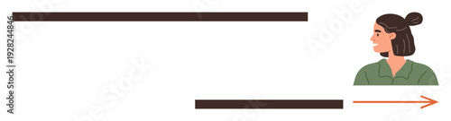 Navigation, decision-making, direction, guidance, personal growth, minimalism. A woman with tied hair faces sideways, alongside horizontal lines and a directional arrow. Navigation