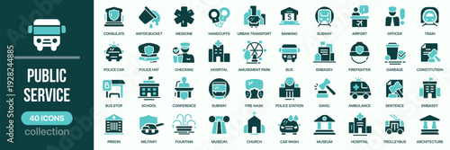 Public service fill icon collection. Includes transport, police, hospital, embassy, airport, school and justice symbols. Created in colored style with teal palette