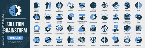 Solution and brainstorm fill icon collection. Includes idea, analysis, communication, agreement and innovation symbols. Created in colored style with blue palette
