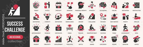 Success and challenge fill icon collection. Includes goal, motivation, strategy, achievement, reward and growth symbols. Created in colored style with red palette