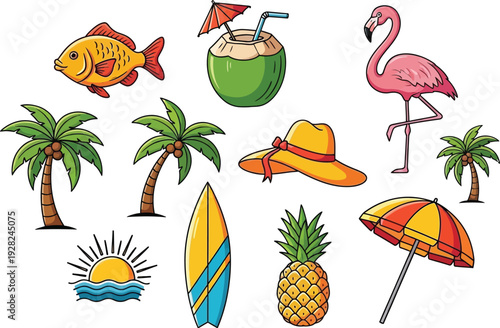 Tropical vacation icons and symbols
