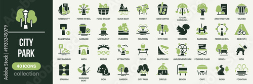 City park fill icon collection. Includes recreation, nature, garden, attraction and urban leisure symbols. Created in colored style with green palette