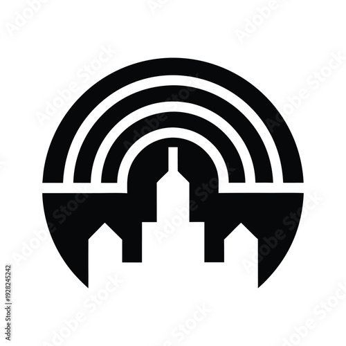 Abstract cityscape with rainbow arch logo design