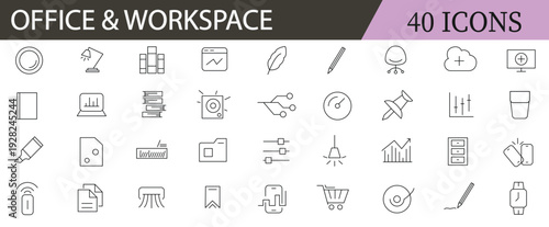 Office and workspace line icons collection. Co-working and Teamwork, business, Desk, computer, briefcase, clock, meeting, team and work related outline icon set collection .