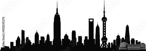 Shanghai skyline silhouette vector illustration, modern cityscape panorama with skyscrapers and Oriental Pearl Tower, black urban architecture isolated on light background