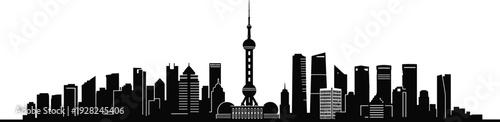 Shanghai skyline silhouette vector illustration, modern urban cityscape with Oriental Pearl Tower, black and white architectural panorama isolated on light background
