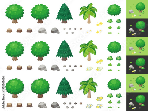 木と雑草と石と花のイラスト素材セット_輪郭線あり無し