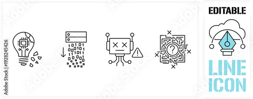Editable line icon set - simple clean vector outline stroke depicting AI collapse, system failures, data loss, and logic errors – visualizing the critical risks of artificial intelligence breakdown.