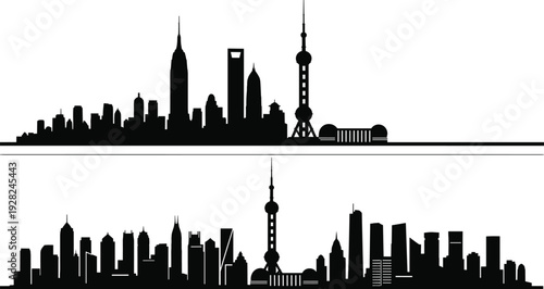 Shanghai skyline silhouette vector illustration collection, modern urban cityscape with Oriental Pearl Tower and skyscrapers, black and white architectural panorama set
