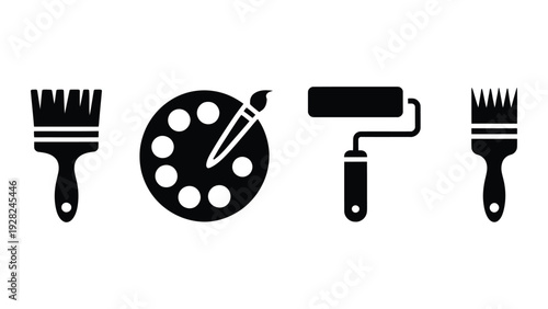painting tools icon set with brush palette roller isolated on white background, home renovation and art design concept illustration