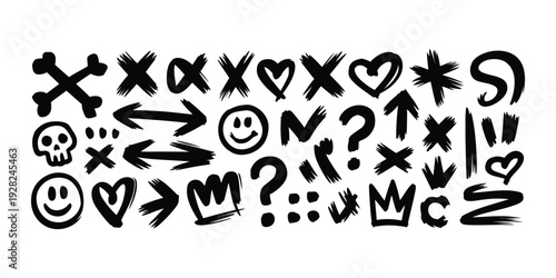 Punk and Graffiti Style Brush Doodle Shapes, Hand Drawn Bold Brush Stars, Arrows, Skulls and Crowns, Street Art Collage Elements, Grunge Rock and Roll Aesthetic Vector Collection