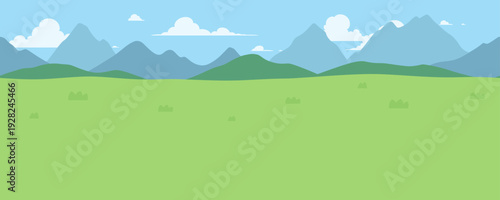 シンプルな草原と山と空の風景イラスト_横スクロールゲームの背景_シームレス