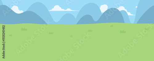 シンプルな草原と山と空の風景イラスト_横スクロールゲームの背景_シームレス
